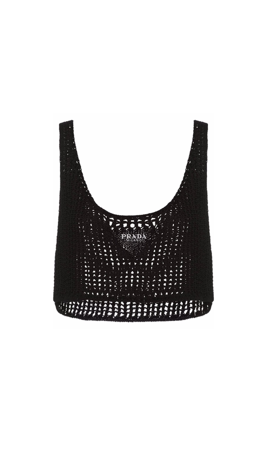 Openwork Cotton Crop-Top - Black