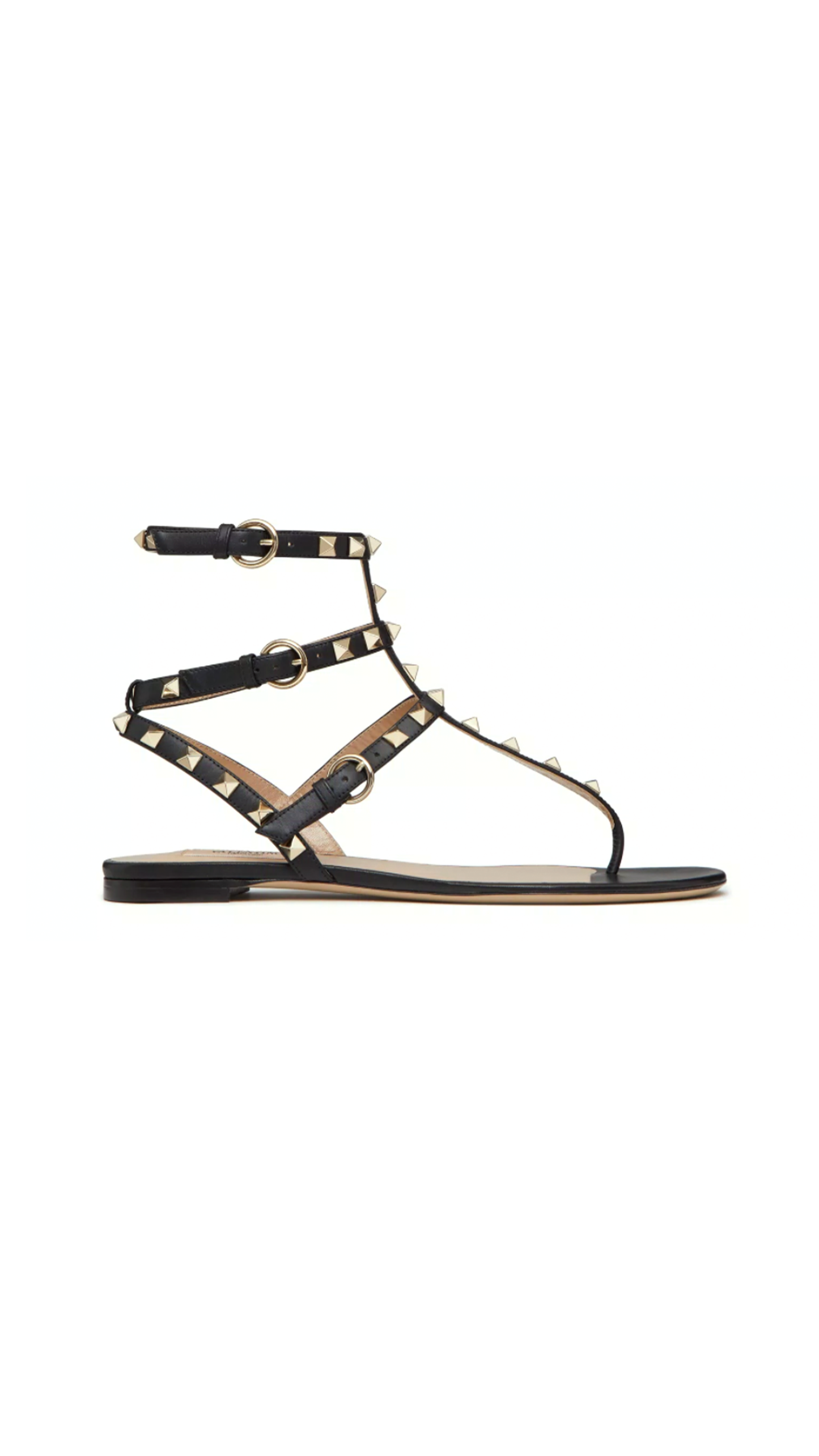 Rockstud Ankle-Strap Flat Sandals - Black