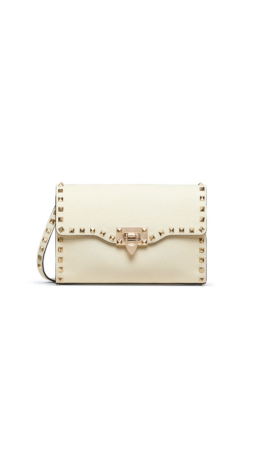 Small Rockstud Grainy Calfskin Crossbody Bag - Ivory