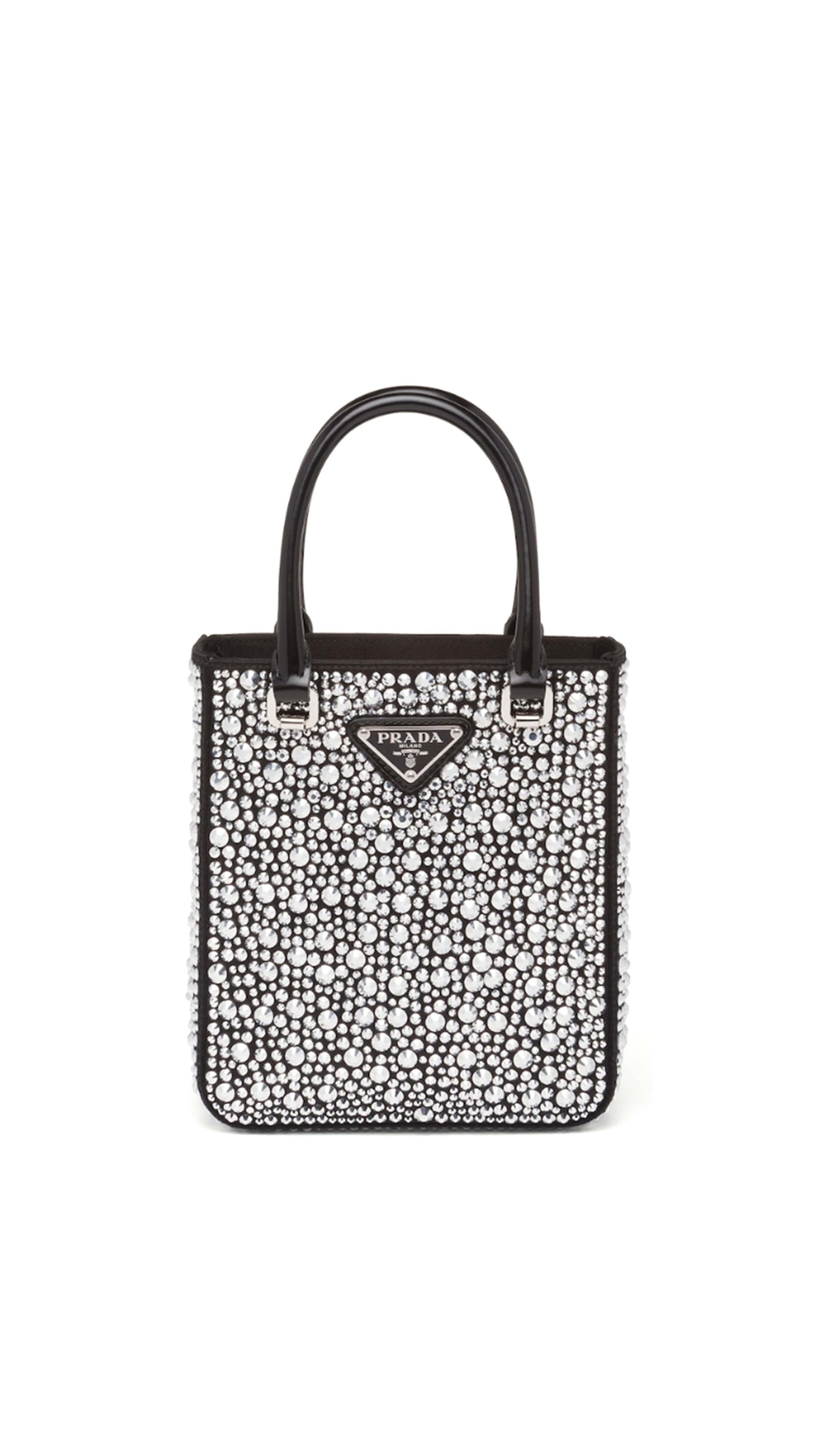 Small Crystal-Studded Satin Tote Bag - Black