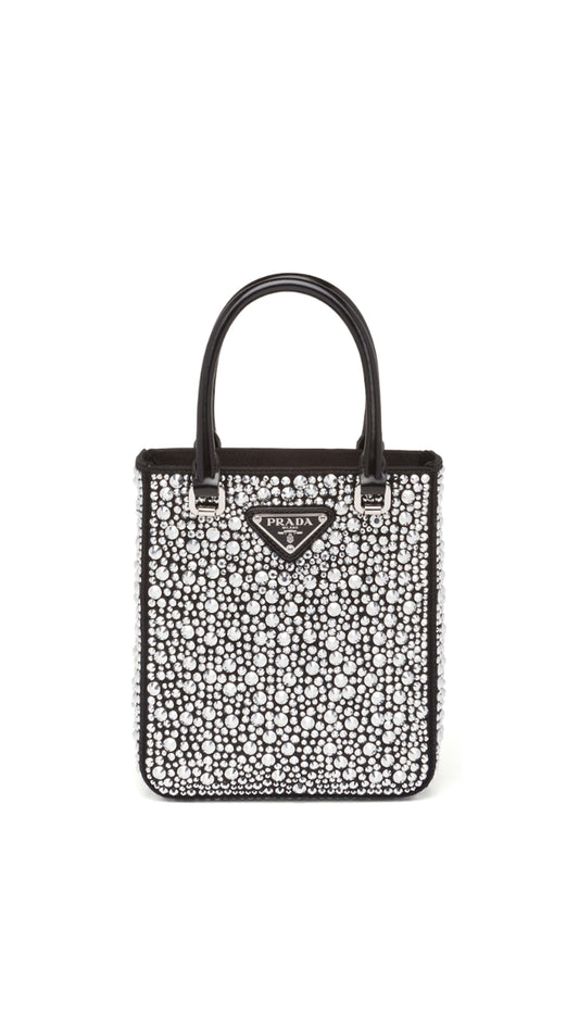 Small Crystal-Studded Satin Tote Bag - Black
