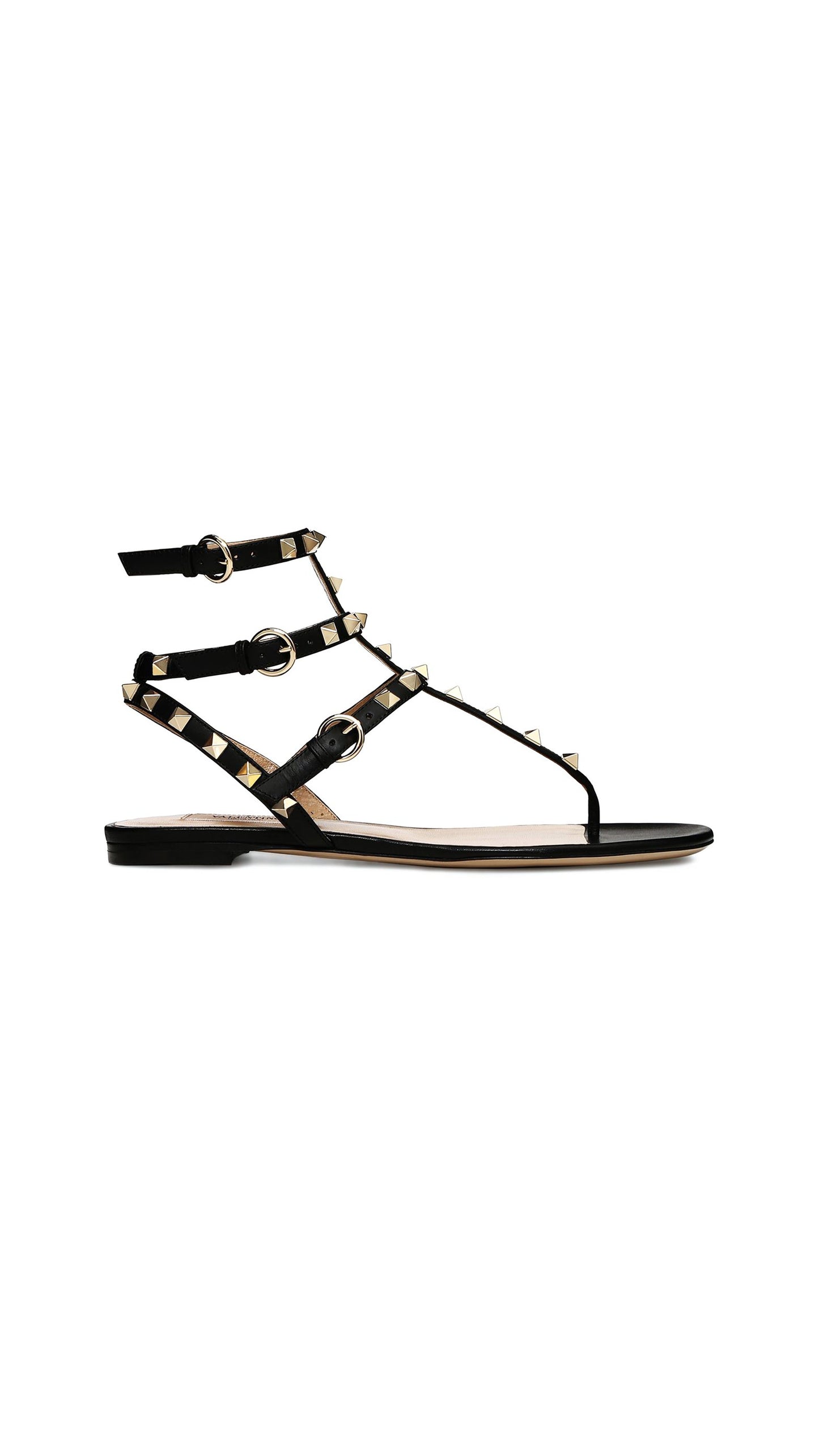 Rockstud Ankle-Strap Flat Sandals - Black