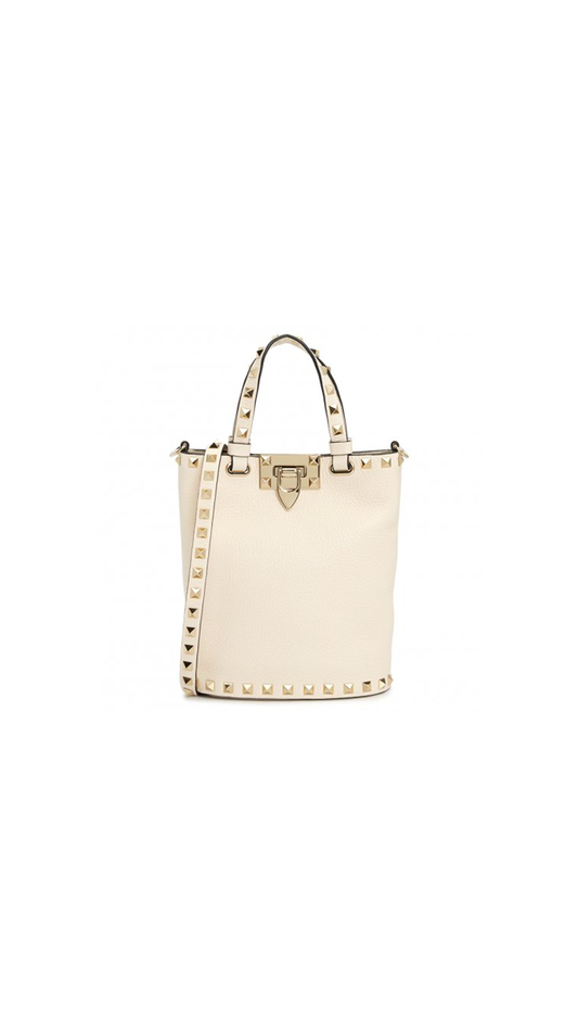 Rockstud Grainy Calfskin Small Tote - Light Ivory