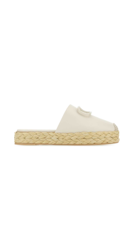V-Logo Flat Espadrille Mule - Ivory