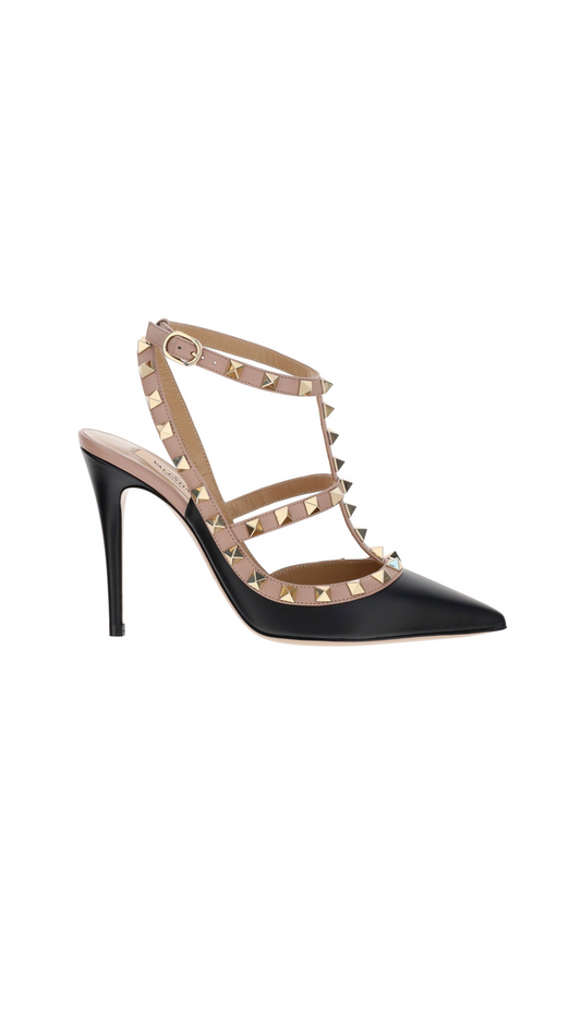 Rockstud Ankle Strap Pumps 100mm - Black / Nude