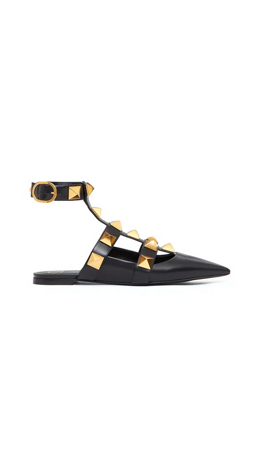 Roman Stud Calfskin Ballet Flats - Black