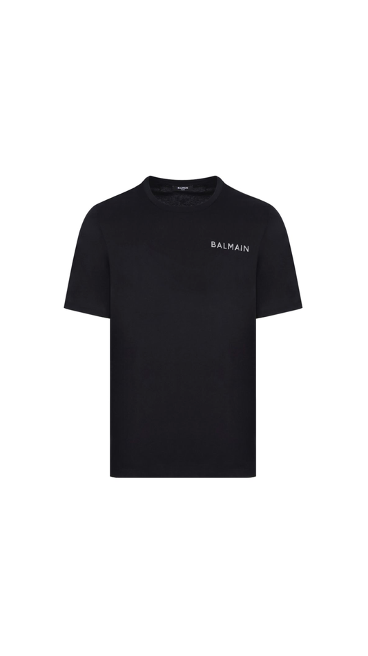Cotton T-shirt with Small Balmain Paris Logo - Black
