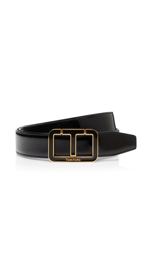 Patent Leather Enamel Scored T Belt - Black