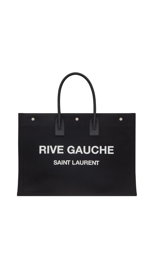 Rive Gauche Tote Bag In Linen & Leather - Black
