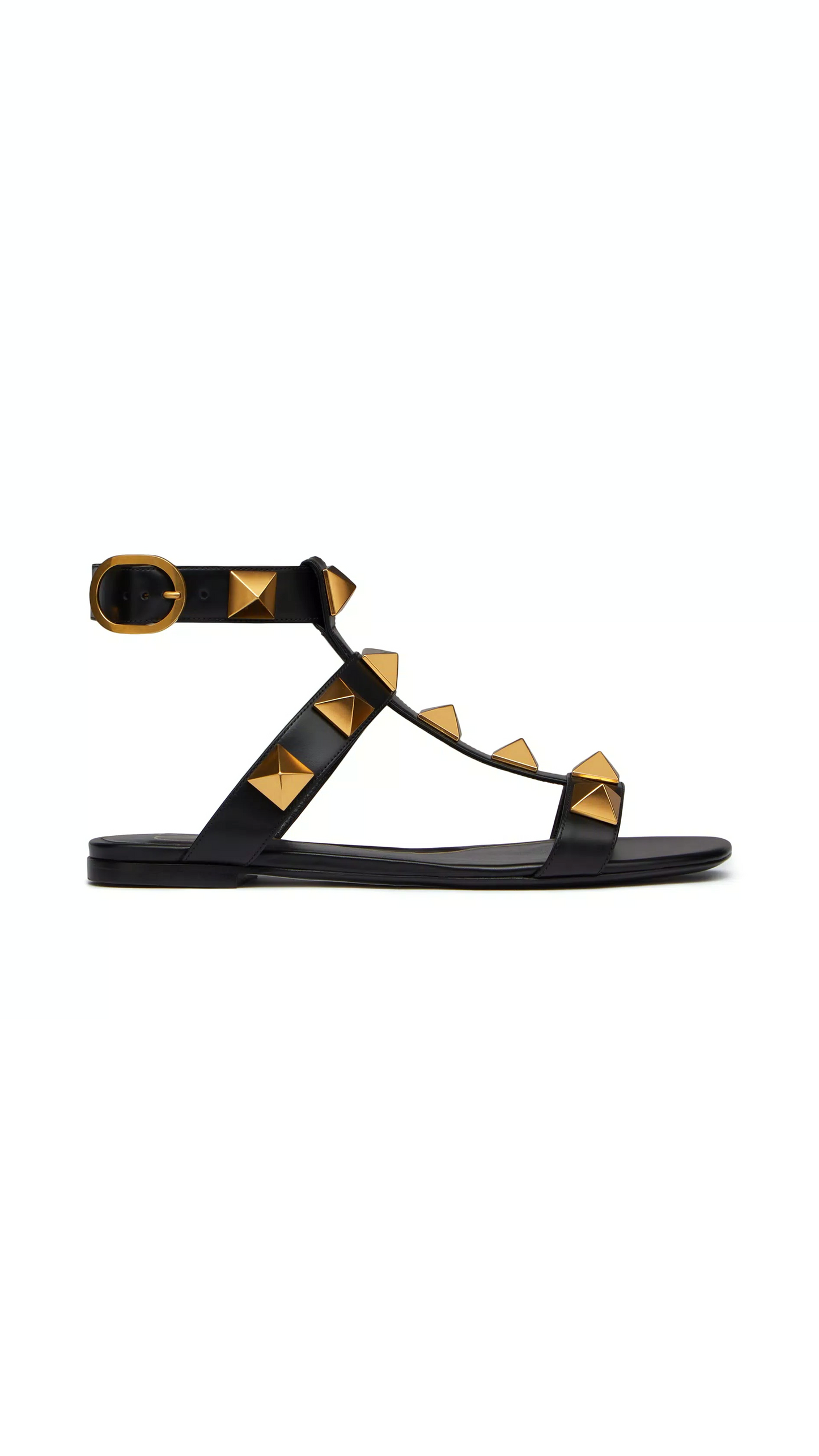 Roman Stud Flat Calfskin Sandal - Black