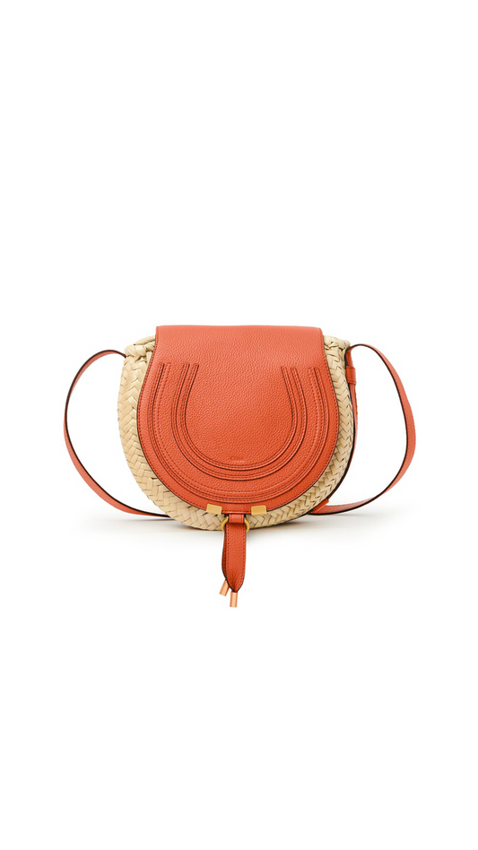 Small Marcie Cross-body Basket in Hand-Braided Raffia & Small Grain Calfskin - Rusted Orange