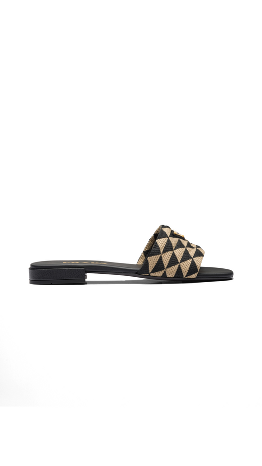 Embroidered Fabric Slides - Black / Beige