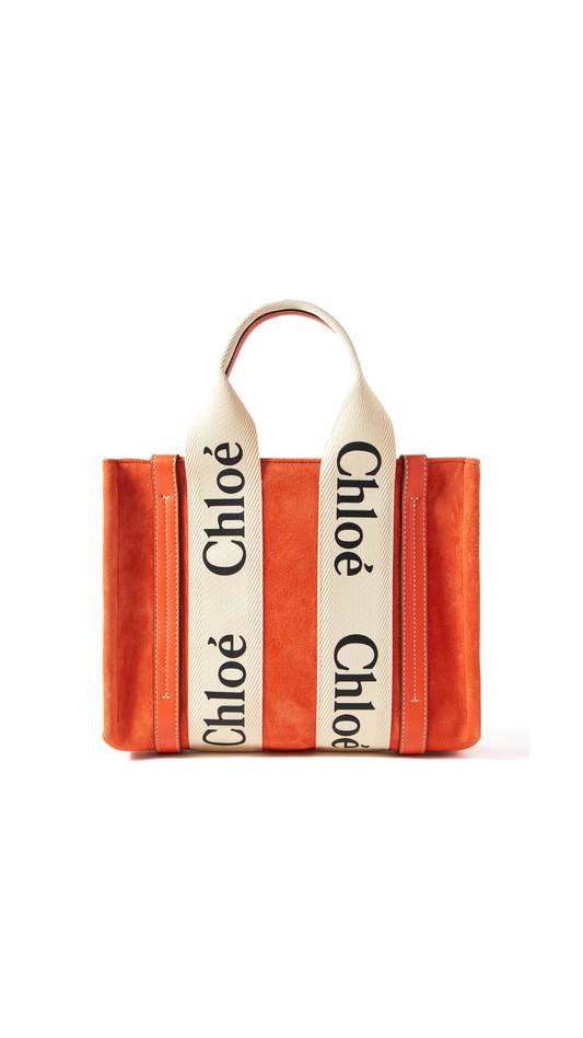 Small Woody Tote Bag With Strap in Suede & Shiny Calfskin - Orange.