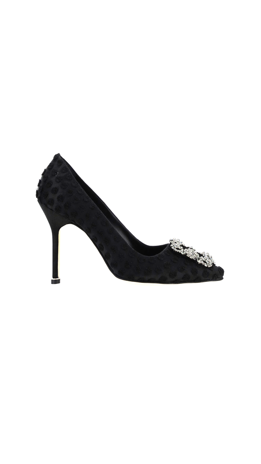 Textile Dobby Print Jewel Buckle Pumps - Black