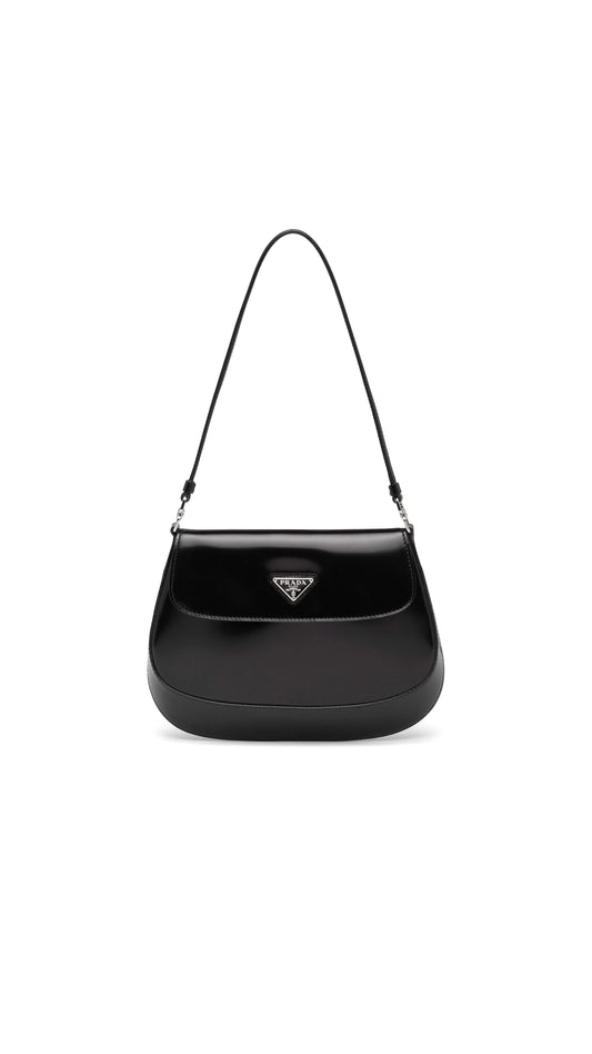 Prada Cleo Brushed Leather Shoulder Bag With Flap - Black