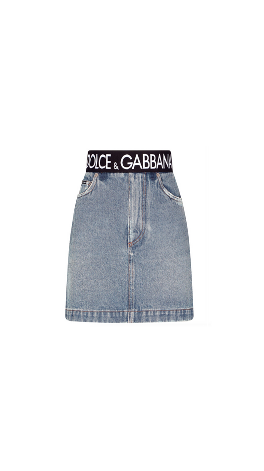 Short Denim Skirt With Branded Waistband - Blue