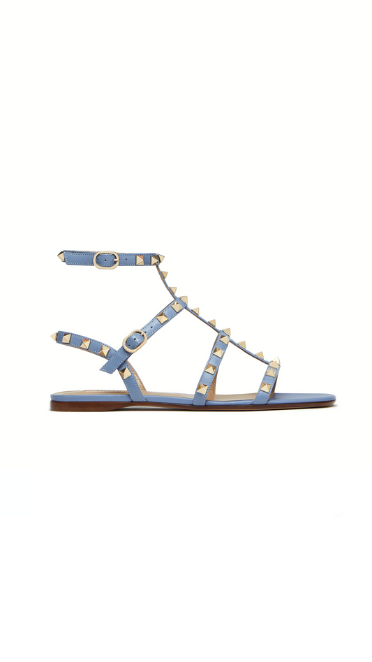 Rockstud Flat Calfskin Sandal with Straps - Azure