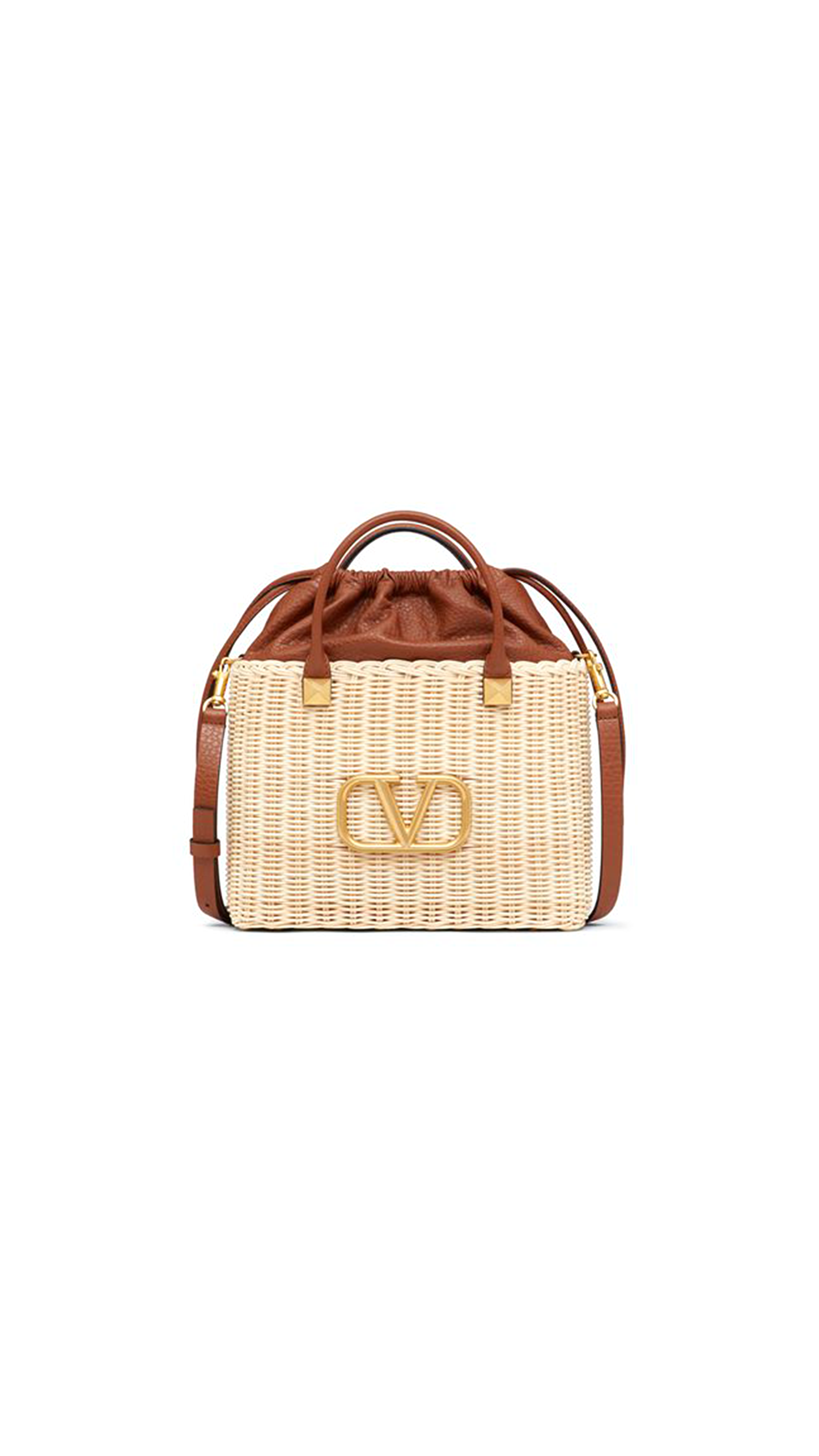 VLogo Signature Bucket Bag in Wicker With Metal - Natural