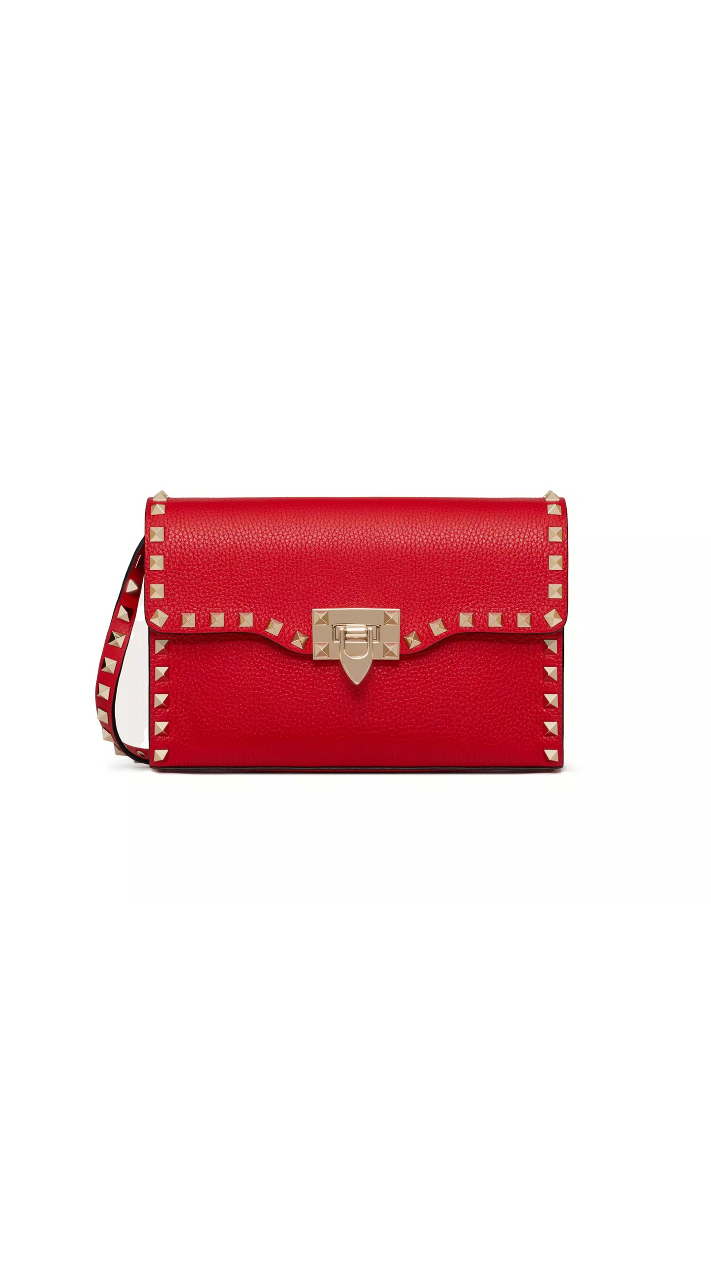 Small Rockstud Grainy Calfskin Crossbody Bag - Red