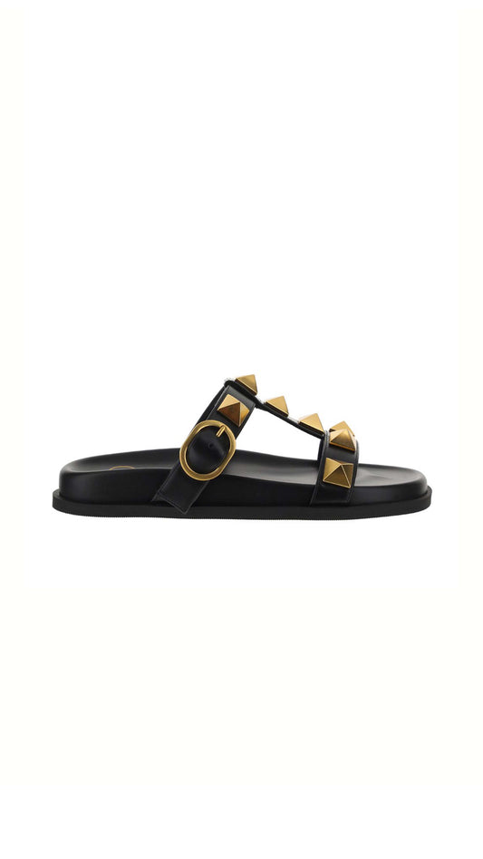 Roman Stud Slide Sandal In Calfskin - Black