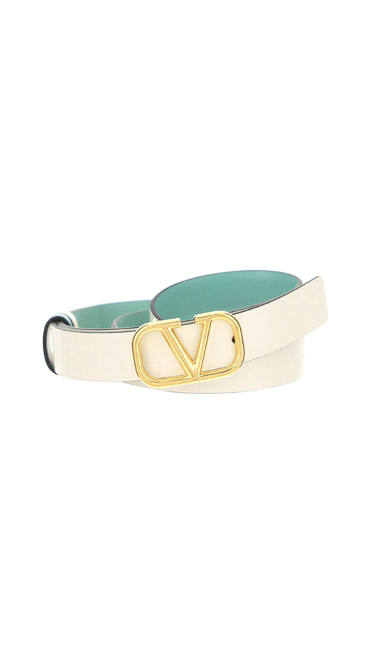 Reversible Vlogo Signature Belt In Shiny And Metallic Calfskin 20MM - White / Mint