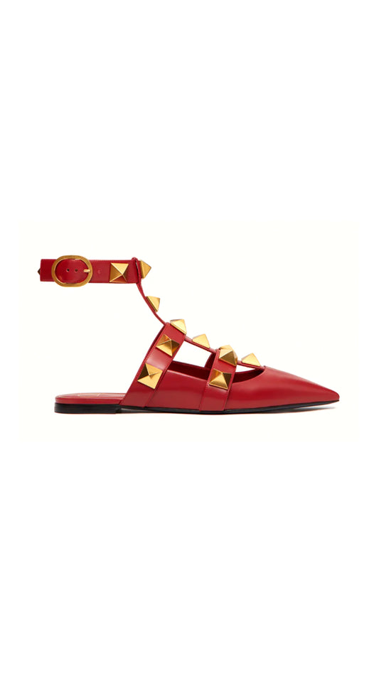 Roman Stud Calfskin Ballet Flat - Red