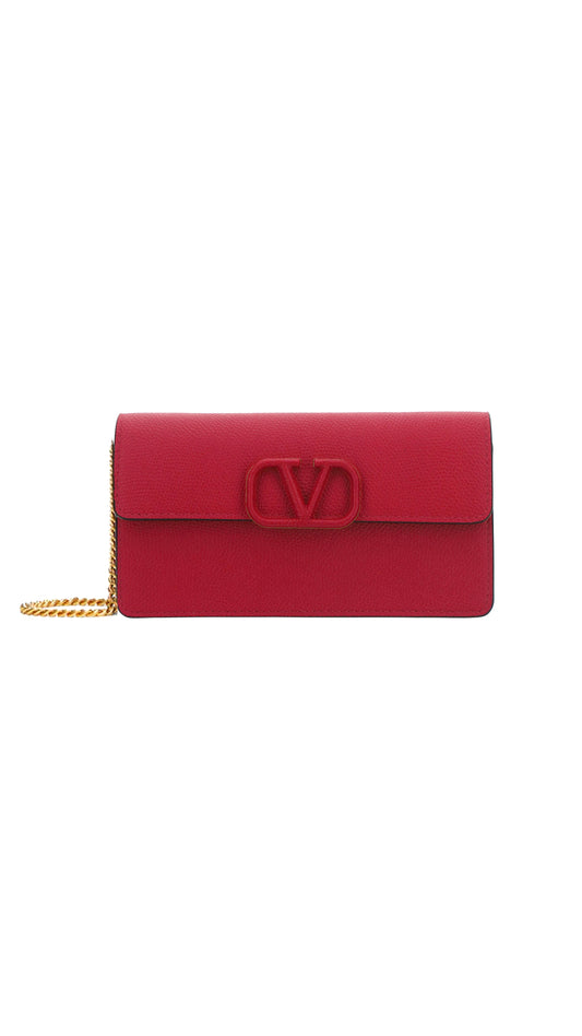 Vlogo Signature Grainy Calfskin Wallet With Chain - Blossom