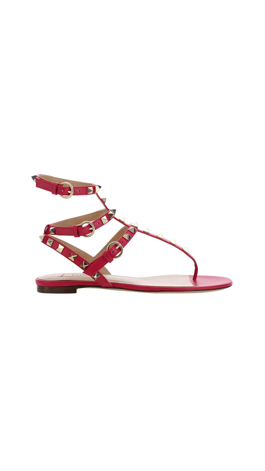 Rockstud Sandal in Calfskin Leather - Red