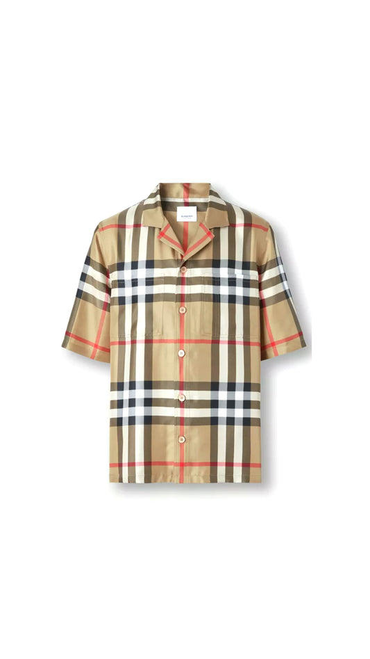 Short-sleeve Check Silk Shirt