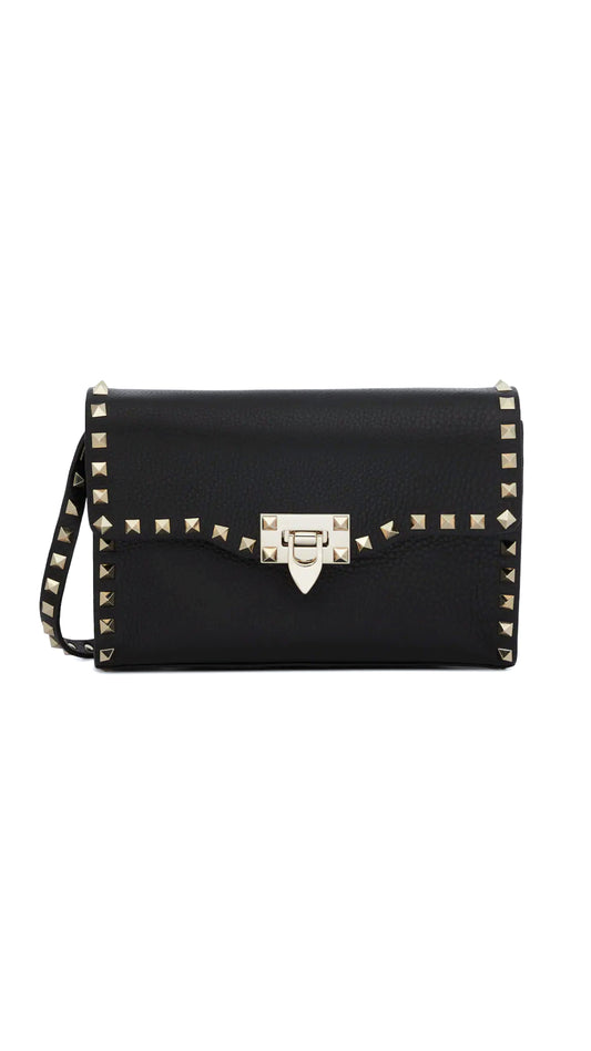 Small Rockstud Grainy Calfskin Crossbody Bag - Black