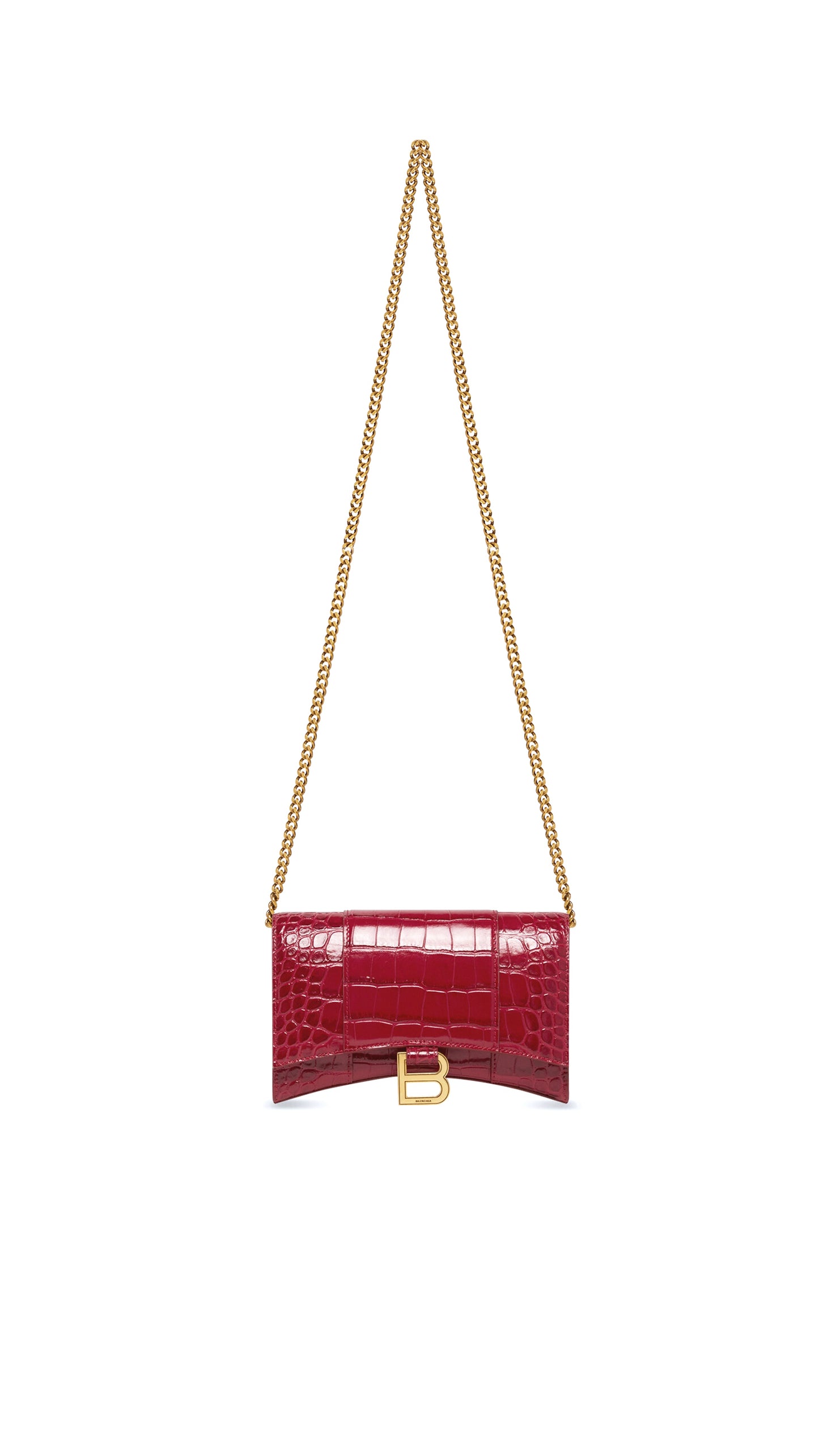 Hourglass Wallet In Shiny Crocodile Embossed Calfskin - Raspberry