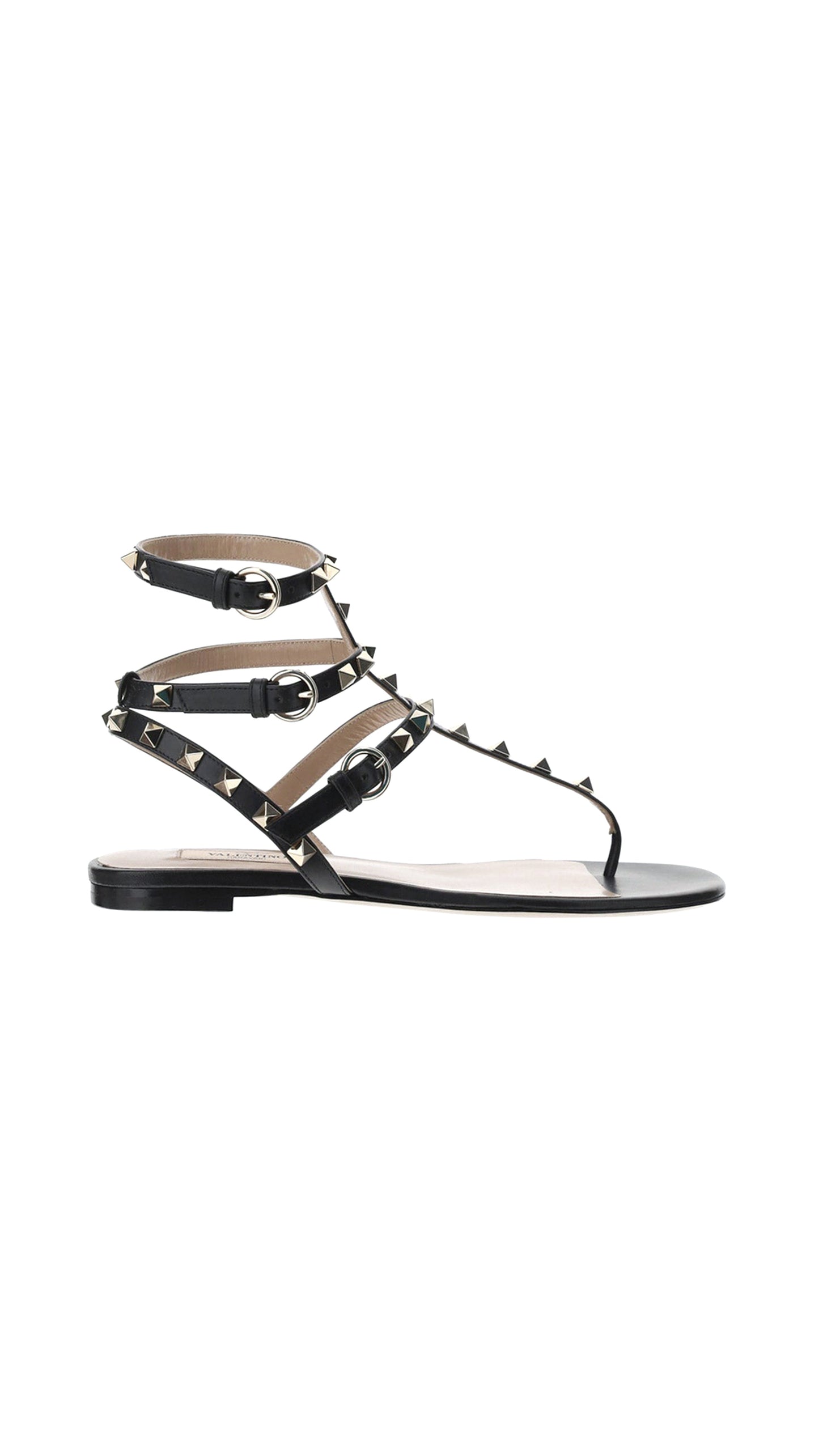 Rockstud Calfskin Flat Flip-Flop Sandal - Black