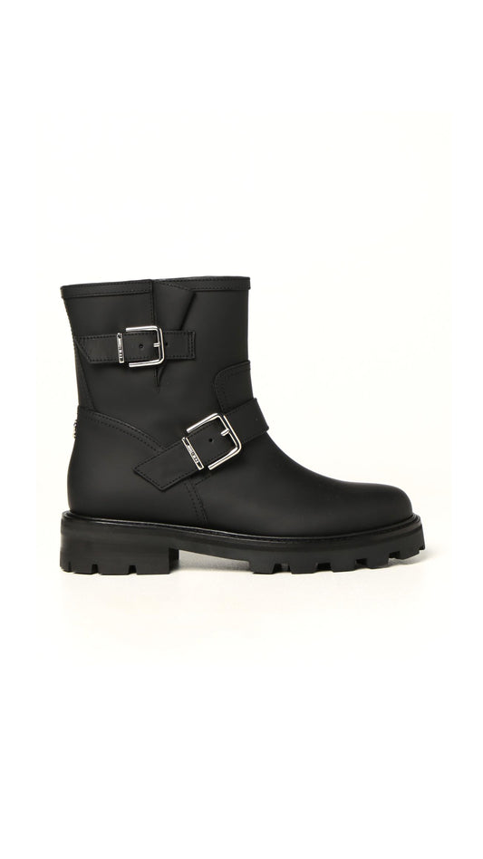 YOUTH II Black Matt Rubberised Leather Biker Boots - Black