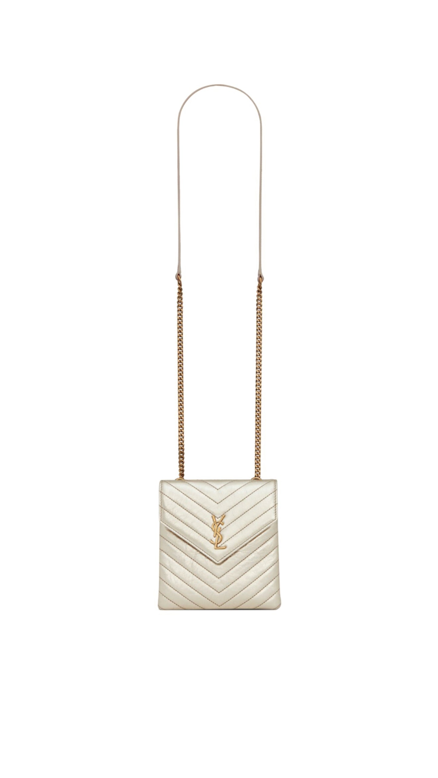 Double Flap Bag In Crinckled Lamé Leather - Pale Gold