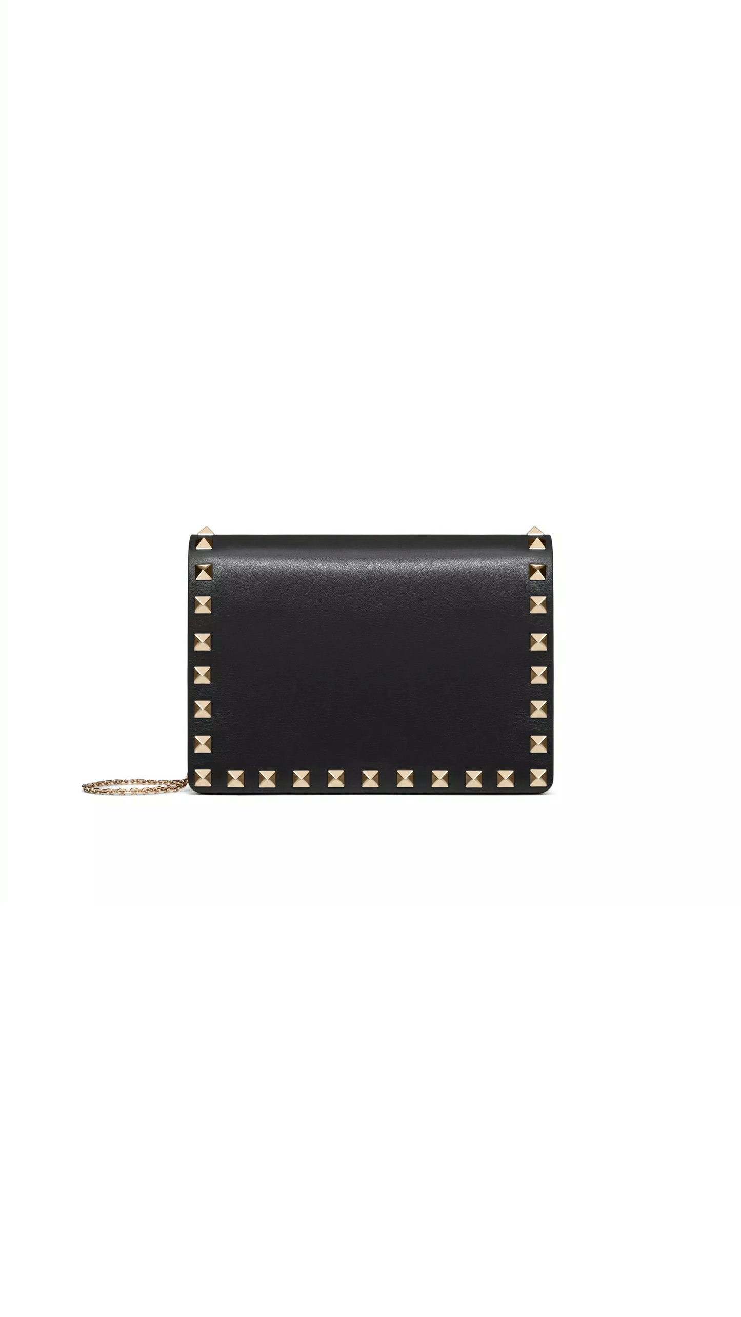 Rockstud Calfskin Chain Pouch - Black