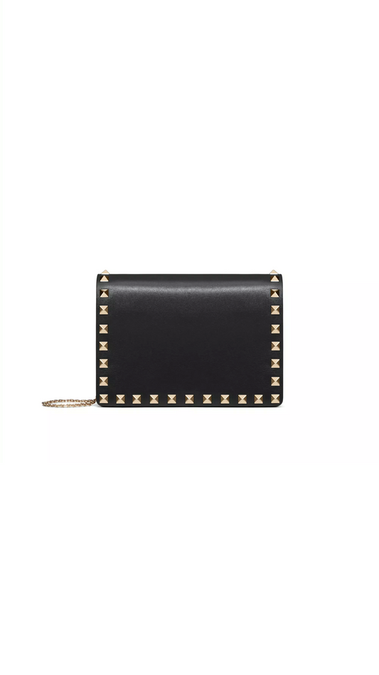 Rockstud Calfskin Chain Pouch - Black