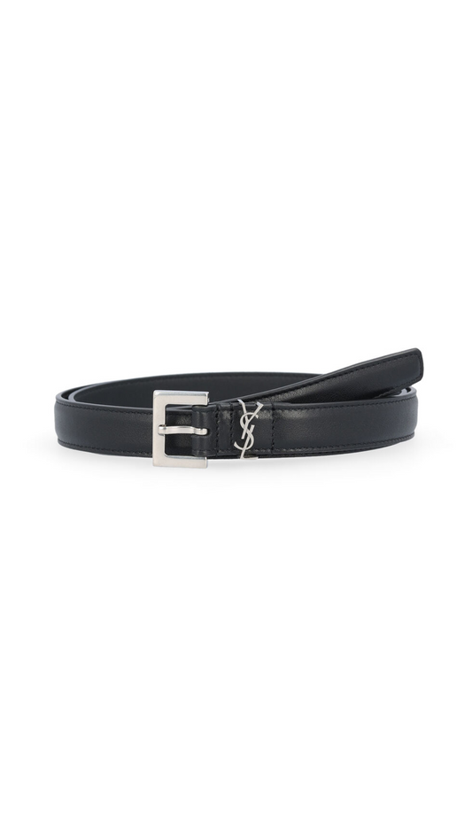 Narrow Leather Belt with a Square Buckle With the YSL Logo - Black.