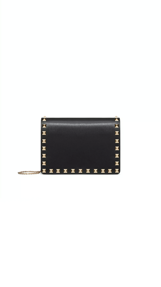 Rockstud Chain Pouch in Calfskin Leather - Black