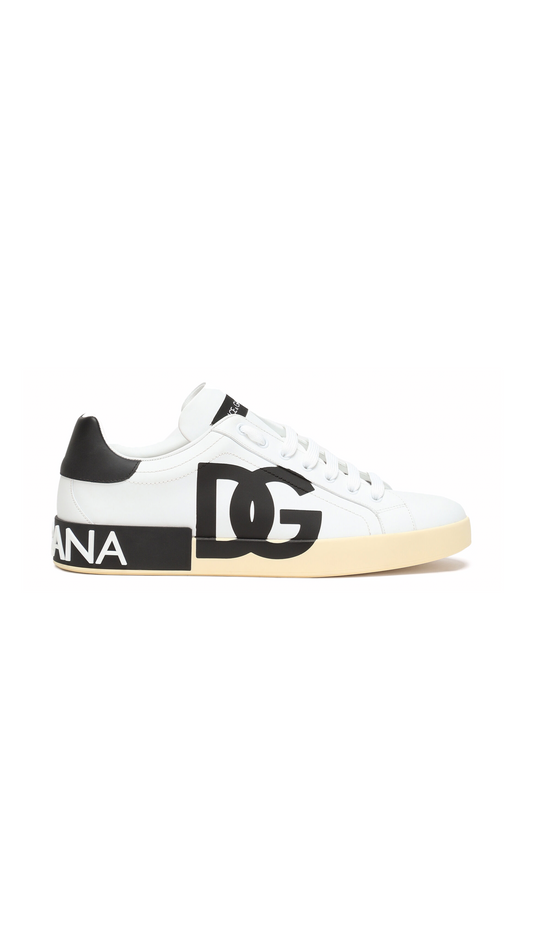 Calfskin Nappa Portofino Sneakers With DG Logo Print - White / Black