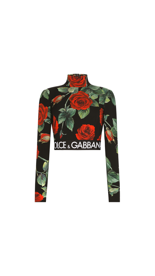 Charmeuse Turtleneck Top With Red Rose Print - Black / Red