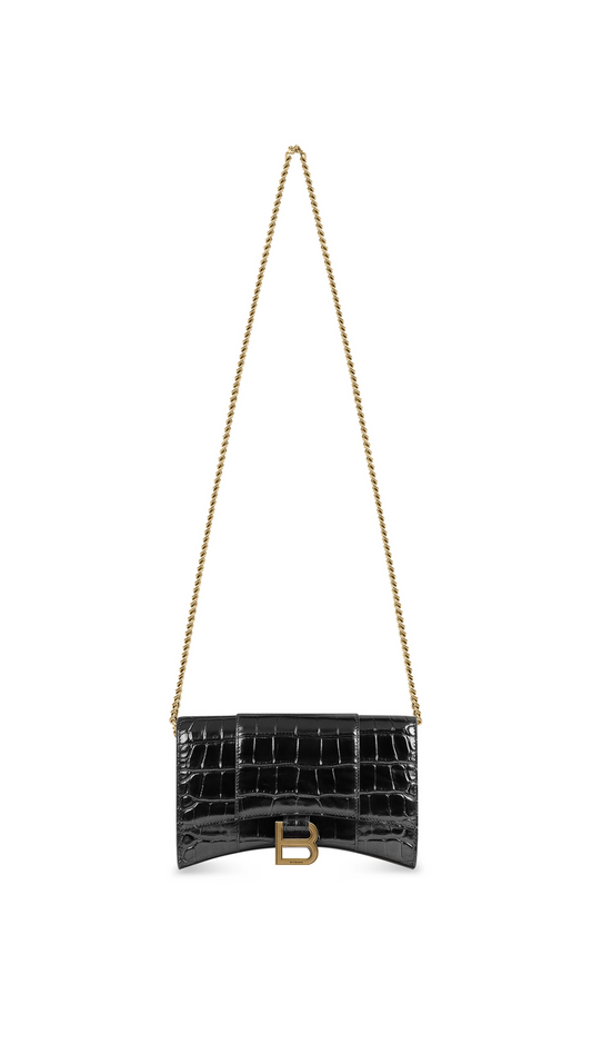 Hourglass Wallet with Chain Crocodile Embossed - Black.