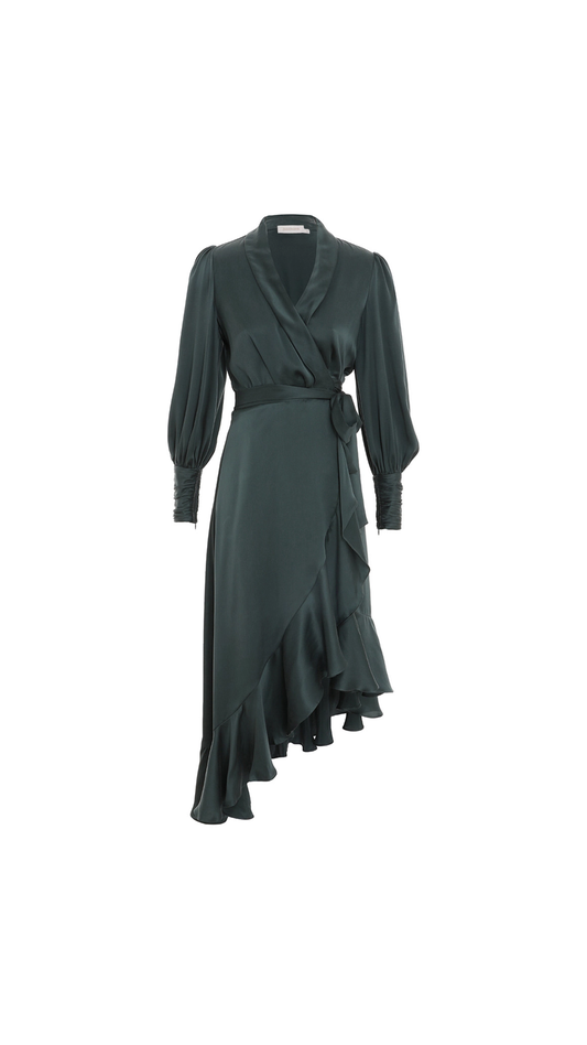 Silk Wrap Midi Dress - Emerald Green