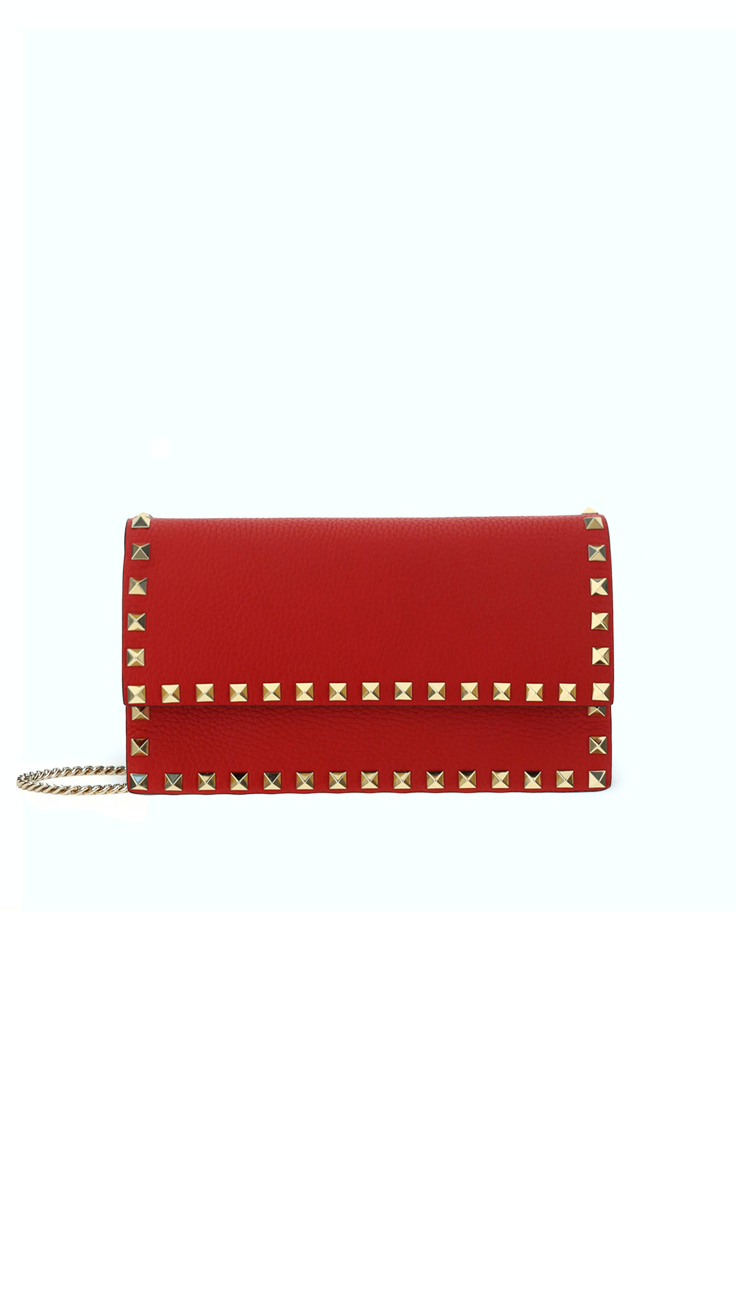 Rockstud Grainy Calfskin Chain Pouch - Red