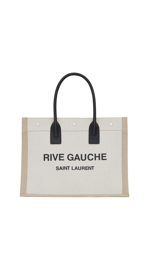 Rive Gauche Small Tote Bag in Linen and Leather - Greige  / Black / Neutral