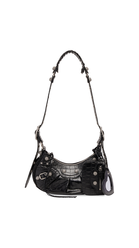 Le Cagole XS Shoulder Bag in Crocodile Embossed Calfskin - Black.