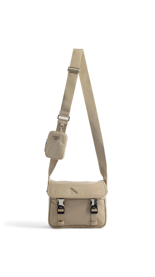 Re-Nylon and Saffiano Leather Shoulder Bag - Beige