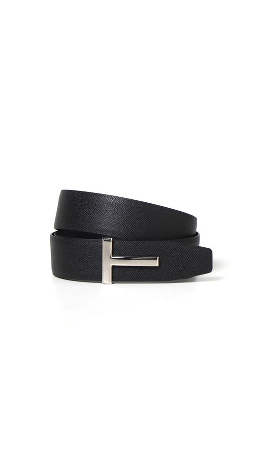 Icon T Belt in Grained Leather - Brown / Black