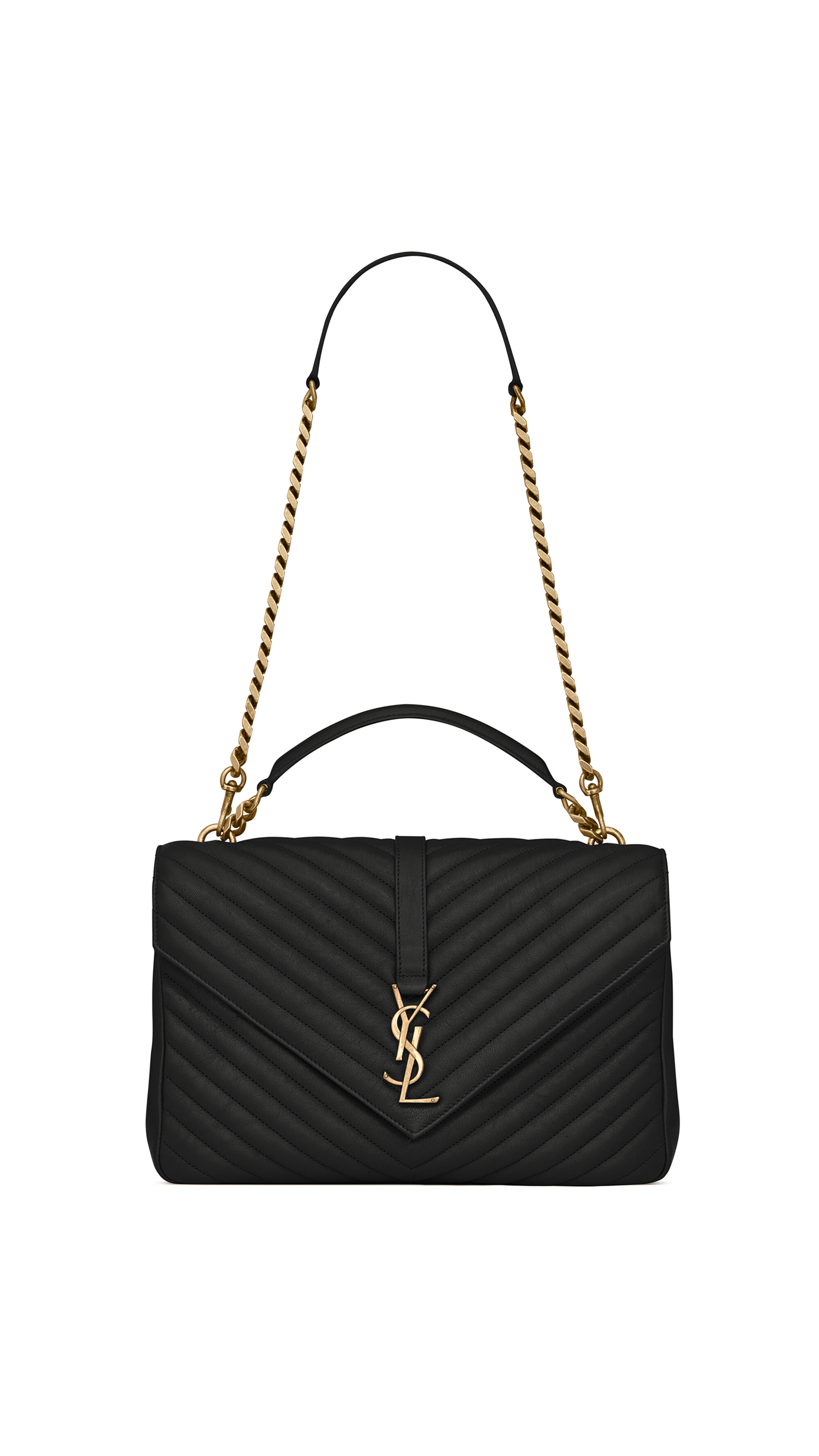 College Large Chain Bag in Quilted Leather - Black / Gold.