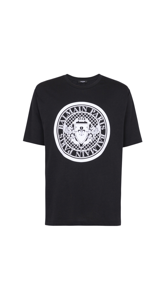 Cotton T-Shirt with Flocked Balmain Medallion - Black