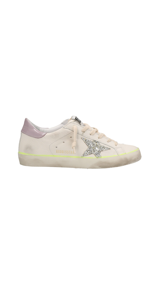 Superstar Sneakers with Silver Glitter Star Highlight and Pink Patent Heel Tab - White